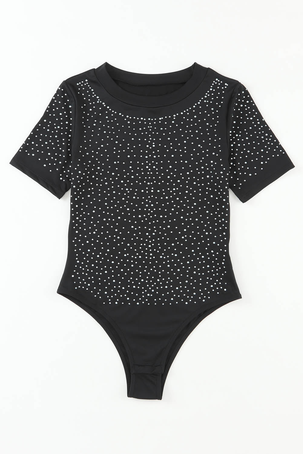 Black Rhinestone Allover Short Sleeve Bodysuit