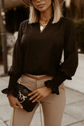 Solid Color V-neck Pullover Blouse Black Bazaare Mart Long Sleeve Blouse