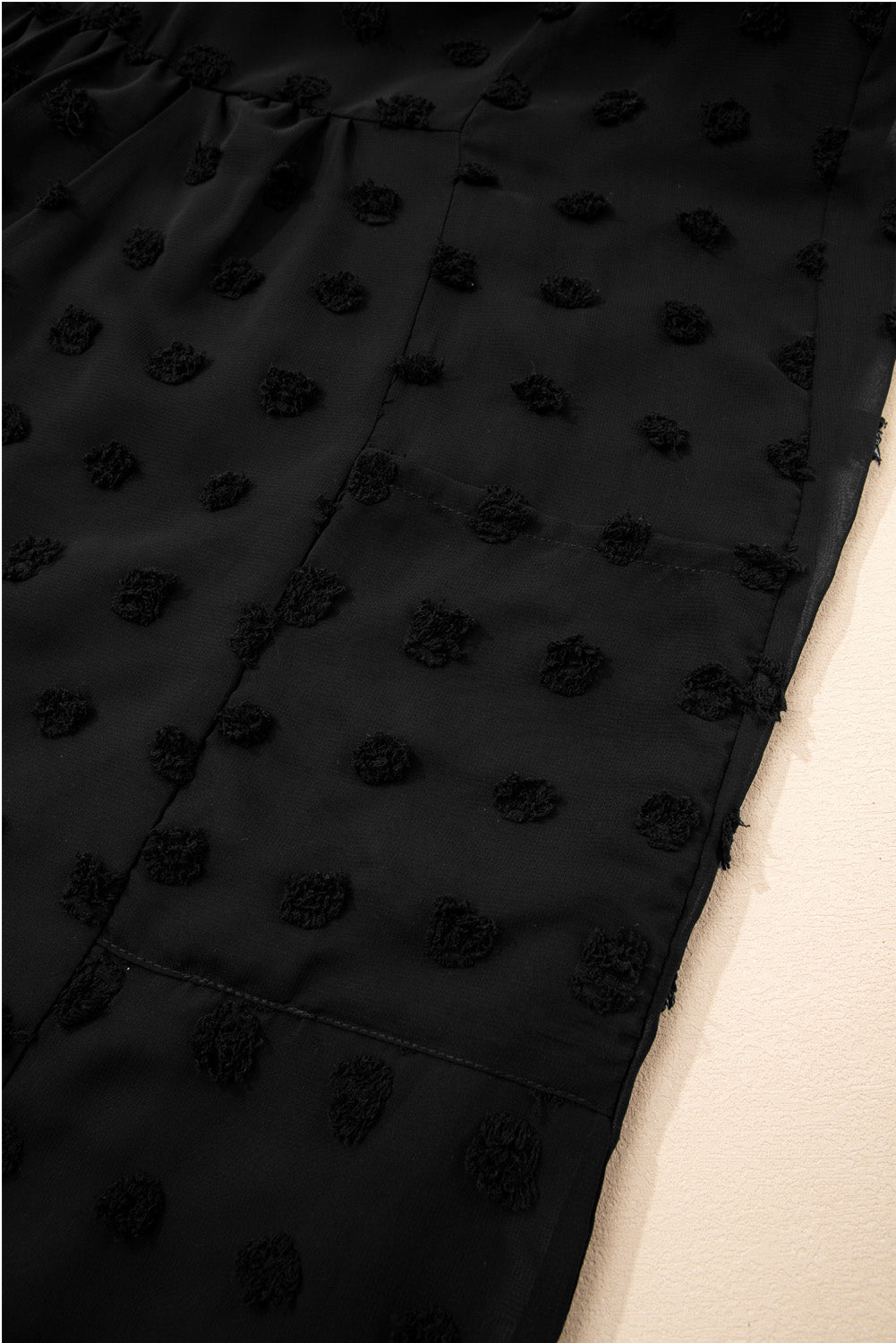 Black Dotty Textured Notched Neck Cap Sleeve Dress