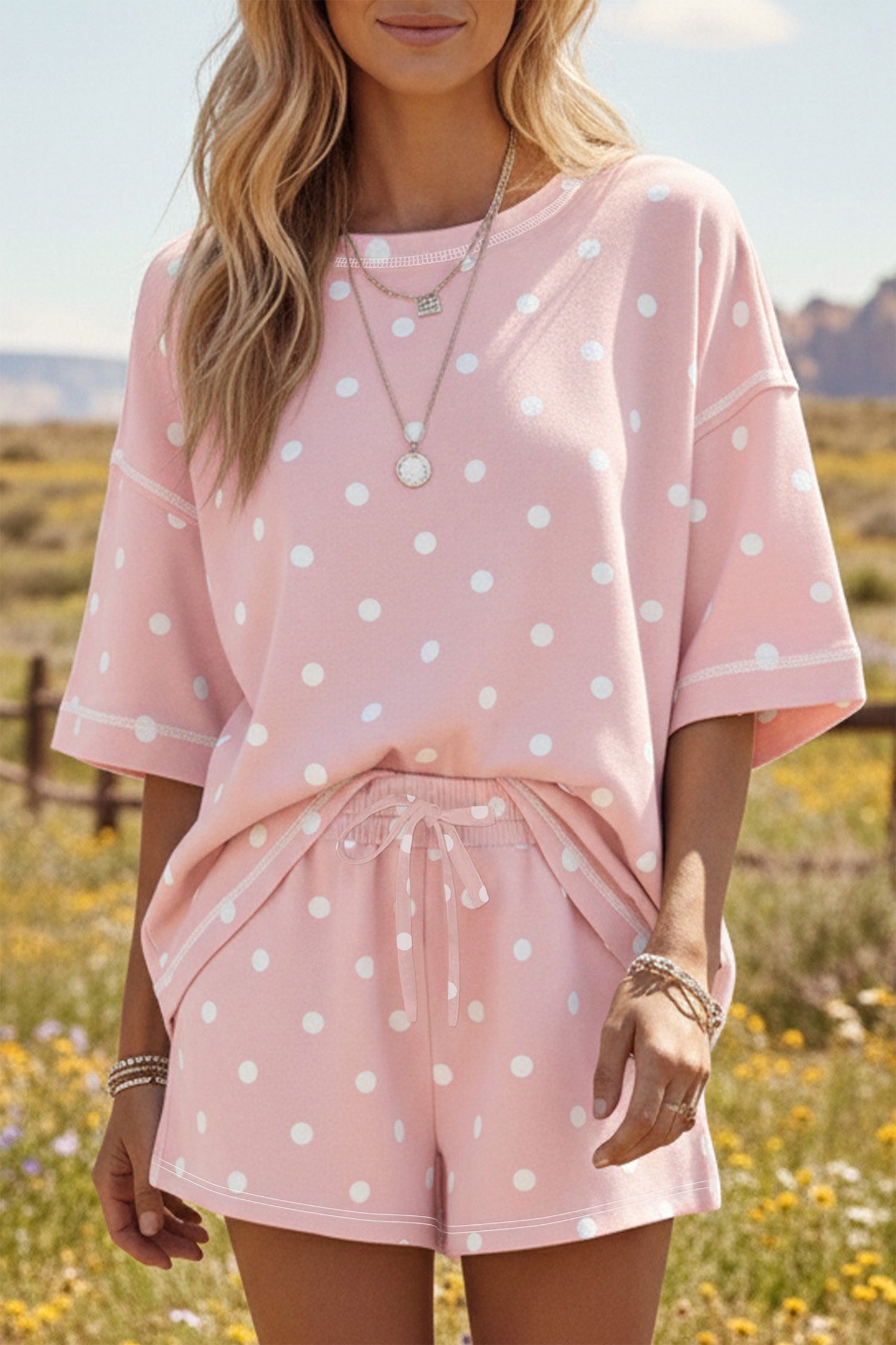 Women’s Polka Dot Shorts Set – Exposed Seam Tee & Drawstring Shorts Outfit Pink 95%Polyester+5%Elastane Dear-Lover Dropshipping Two Piece Sets/Short Sets