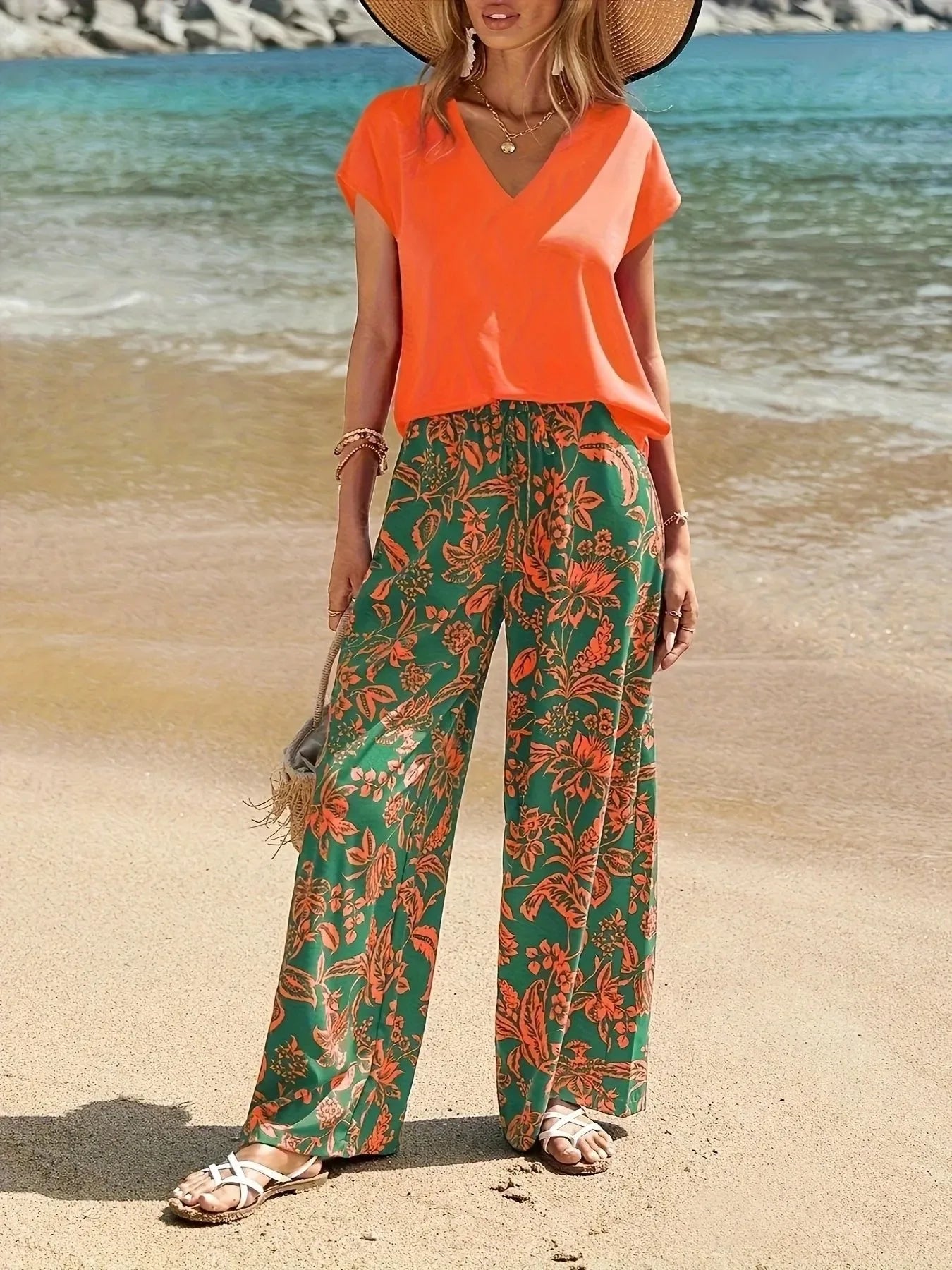 Orange Floral Pants Set Orange Bazaare Mart V-Neck Top and Summer Beach Floral Print Pants Set