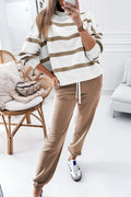 Light French Beige Striped Drop Shoulder Pullover and Jogger Pants Set Light French Beige 100%Polyester Bazaare Mart Two Piece Sets/Pant Sets