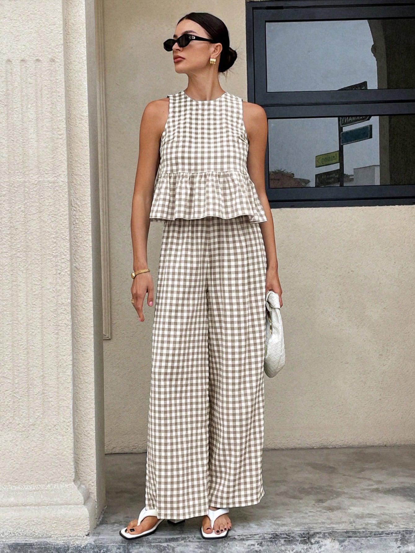 Retro Plaid Sleeveless Top With Ruffled Hem And Straight-leg Pants Brown CJ Dropshipping Retro Plaid Sleeveless Pants Set