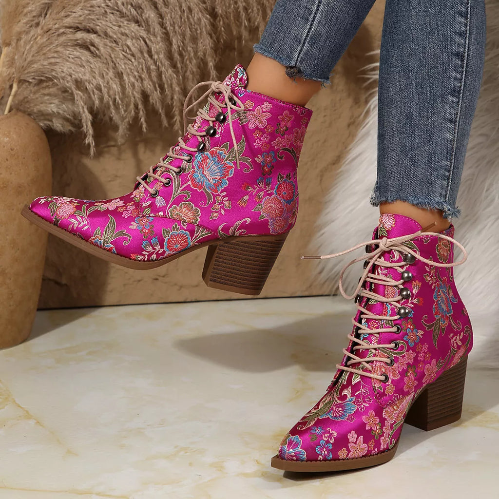 Floral Pointed Toe Block Heel Booties Bazaare Mart Booties
