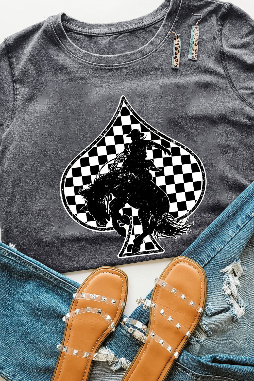 Gray Rodeo Check Spades Western Graphic T Shirt Dear-Lover Dropshipping Graphic/Graphic Tees