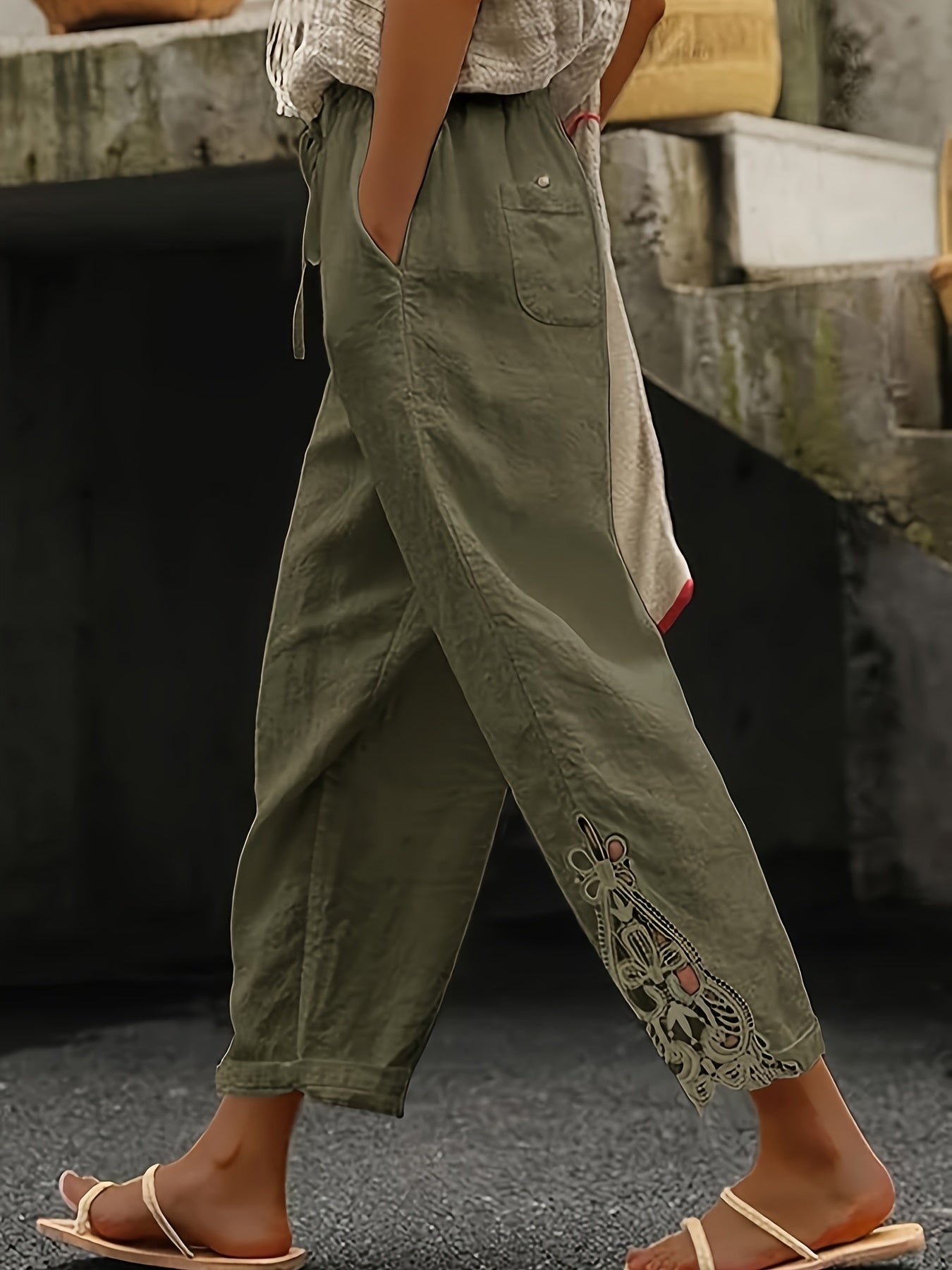 Women’s Lace Cutout Drawstring Straight Pants – Casual Wide Leg Lounge Trousers Green CJ Dropshipping Light White Cotton Pants