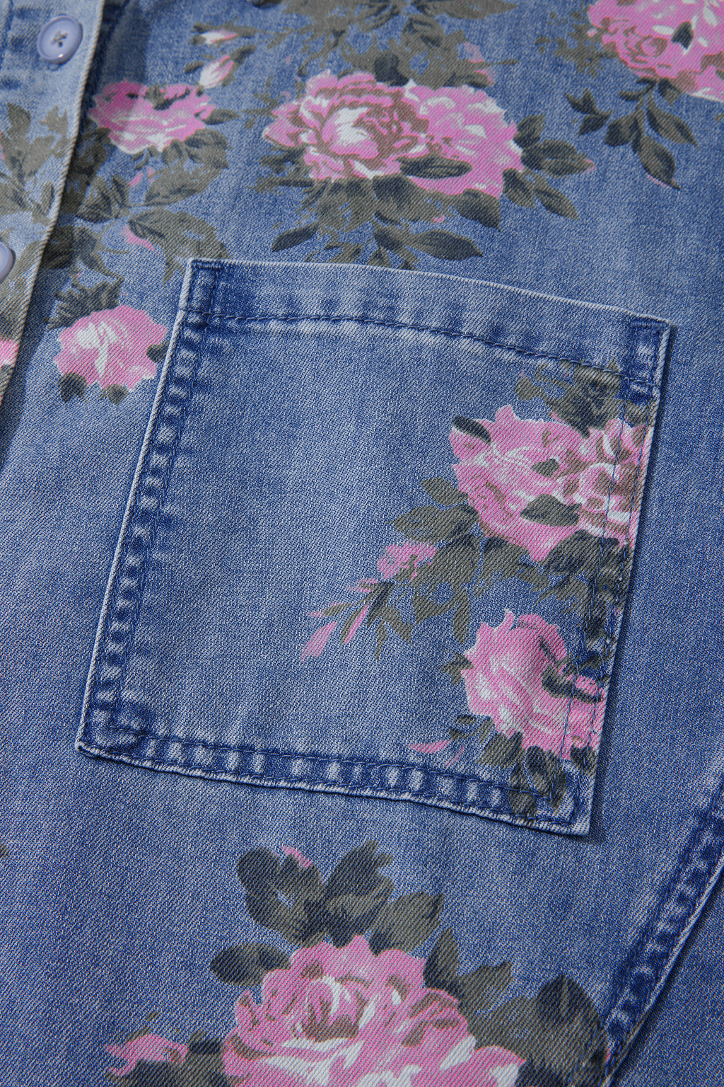Blue Floral Denim Shirt – Bracelet Sleeve Lightweight Button Up Blouse