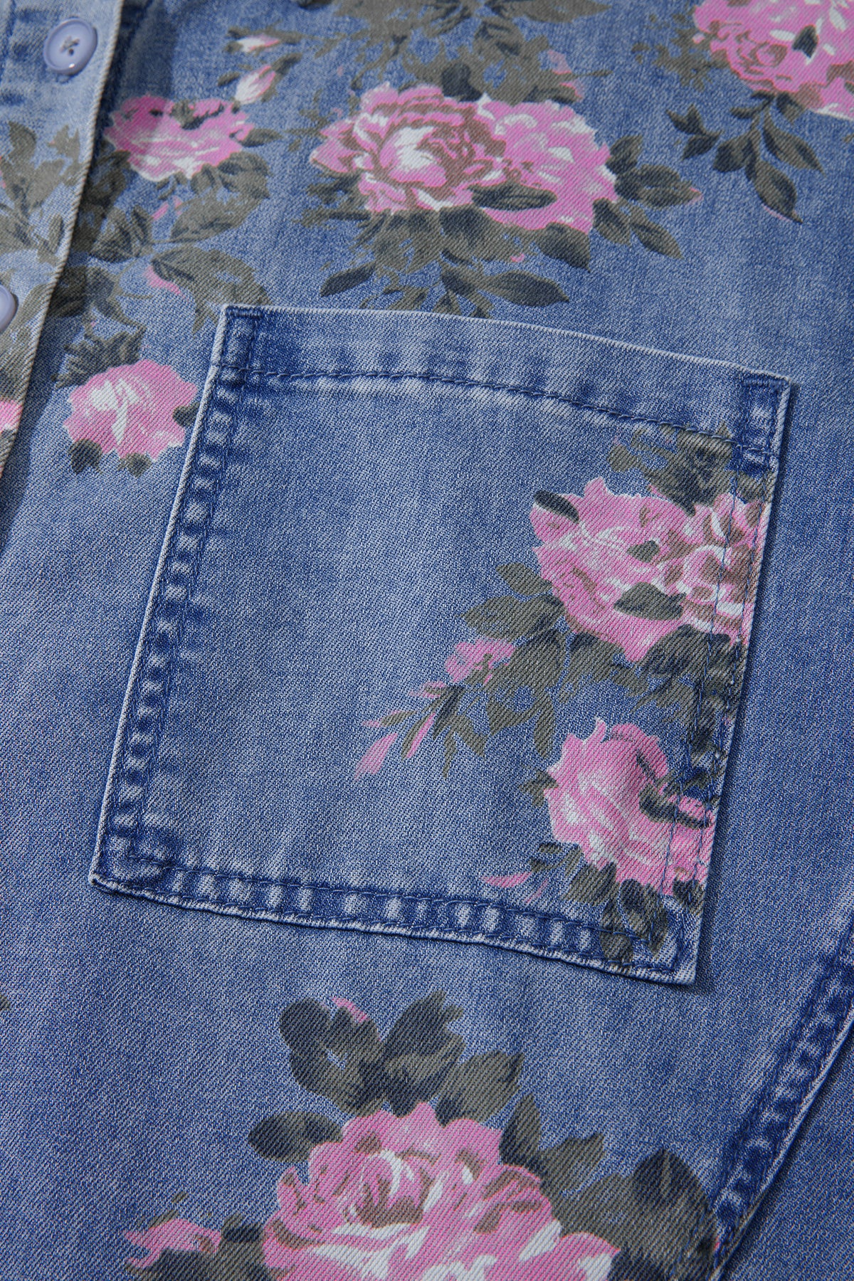 Blue Floral Denim Shirt – Bracelet Sleeve Lightweight Button Up Blouse