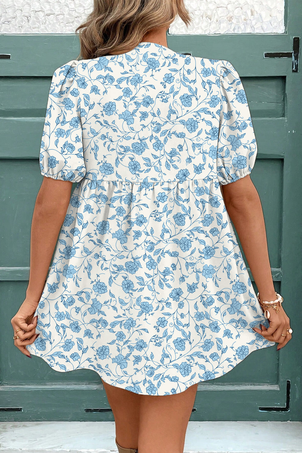 Floral Bow Front Puff Sleeve Mini Dress Shewin Short Dresses