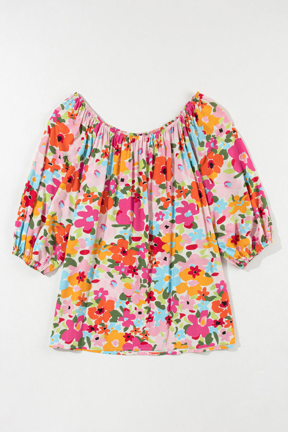 Bright Floral Puff Half Sleeve Pleated Elastic Neck Blouse