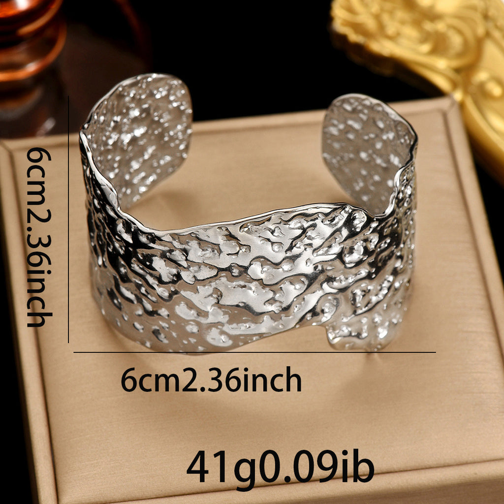 Wide Stainless Steel Artisan Hammered Bracelet