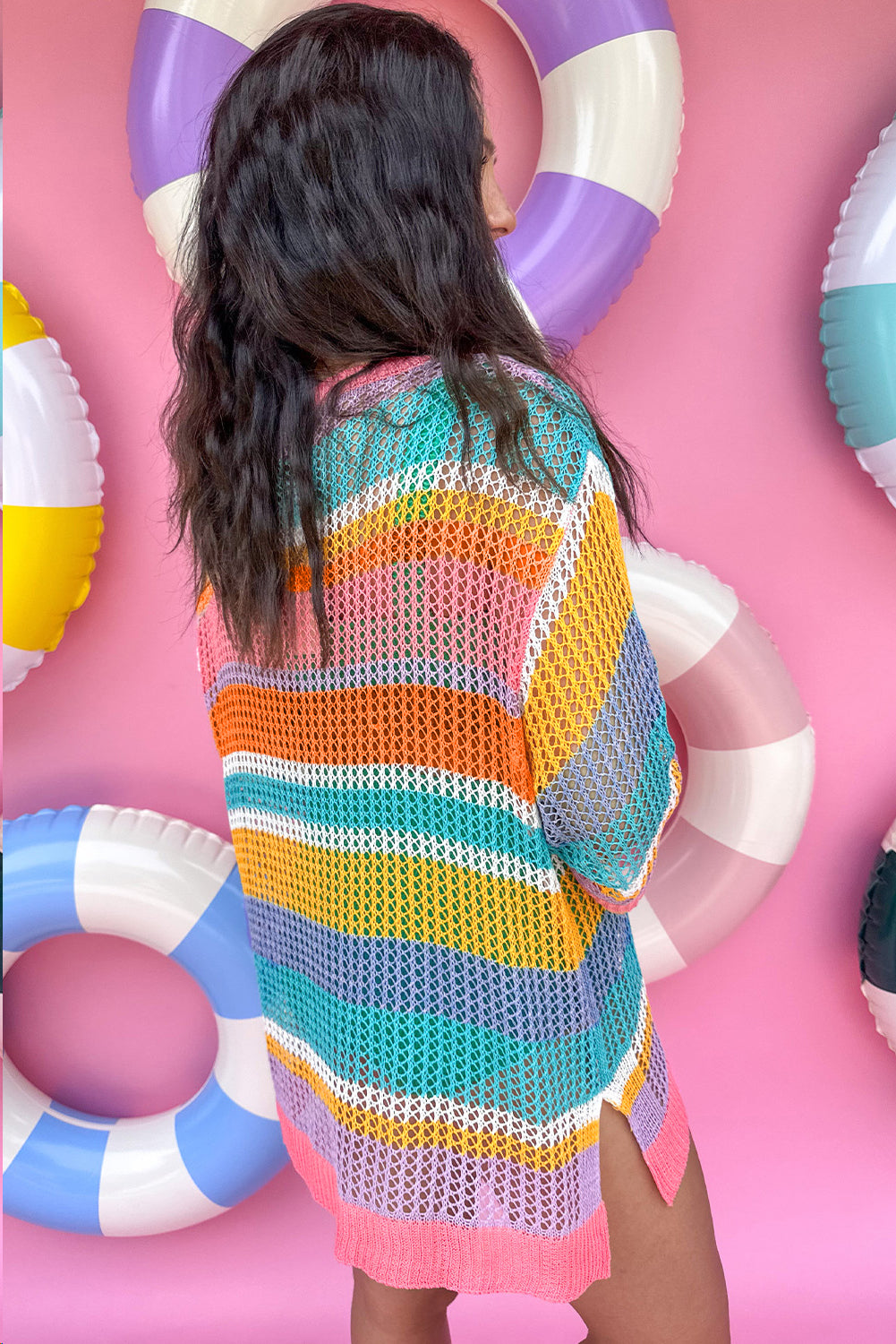 Pastel Stripe Open Knit Patch Pocket Half Sleeve Sweater