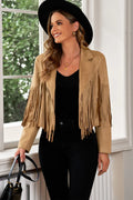 Fringe Trim Lapel Collar Cropped Blazer Camel Trendsi Fringe Trim Lapel Collar Cropped Blazer