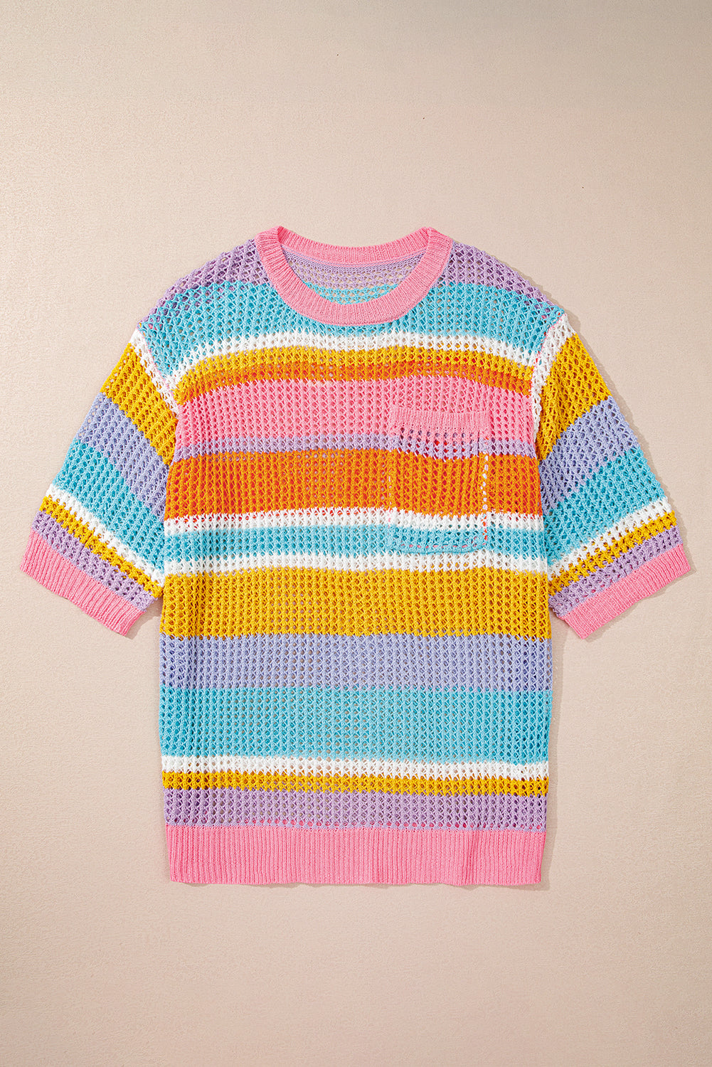 Pastel Stripe Open Knit Patch Pocket Half Sleeve Sweater