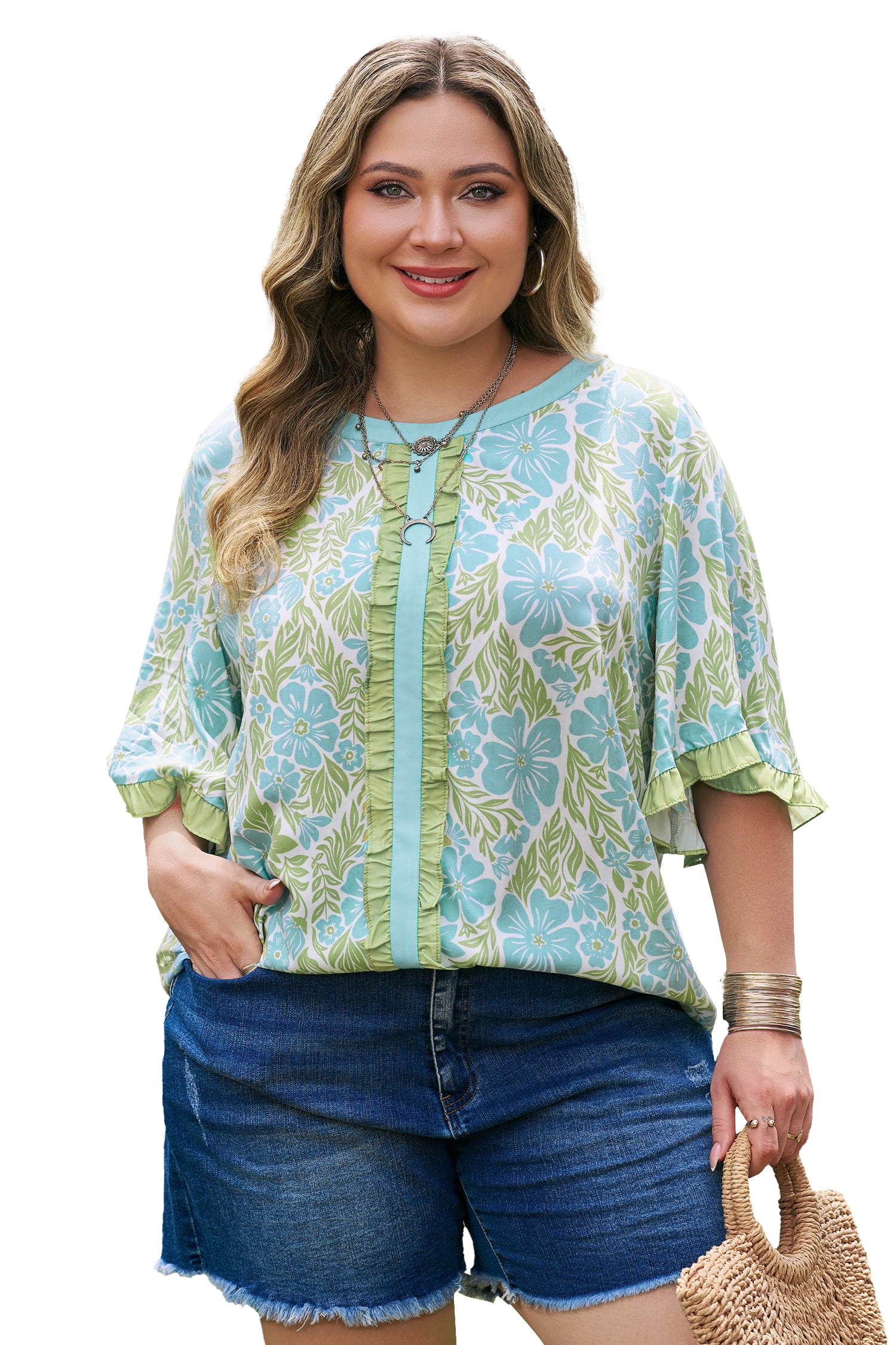 Plus Size Floral Blouse – Sky Blue Frilled Sleeve Color Block Trim Top Dear-Lover Dropshipping Plus Size/Plus Size Tops/Plus Size Blouses & Shirts
