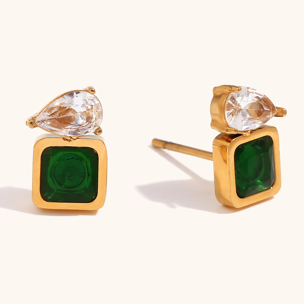 Gold Square Green Zirconium Earrings