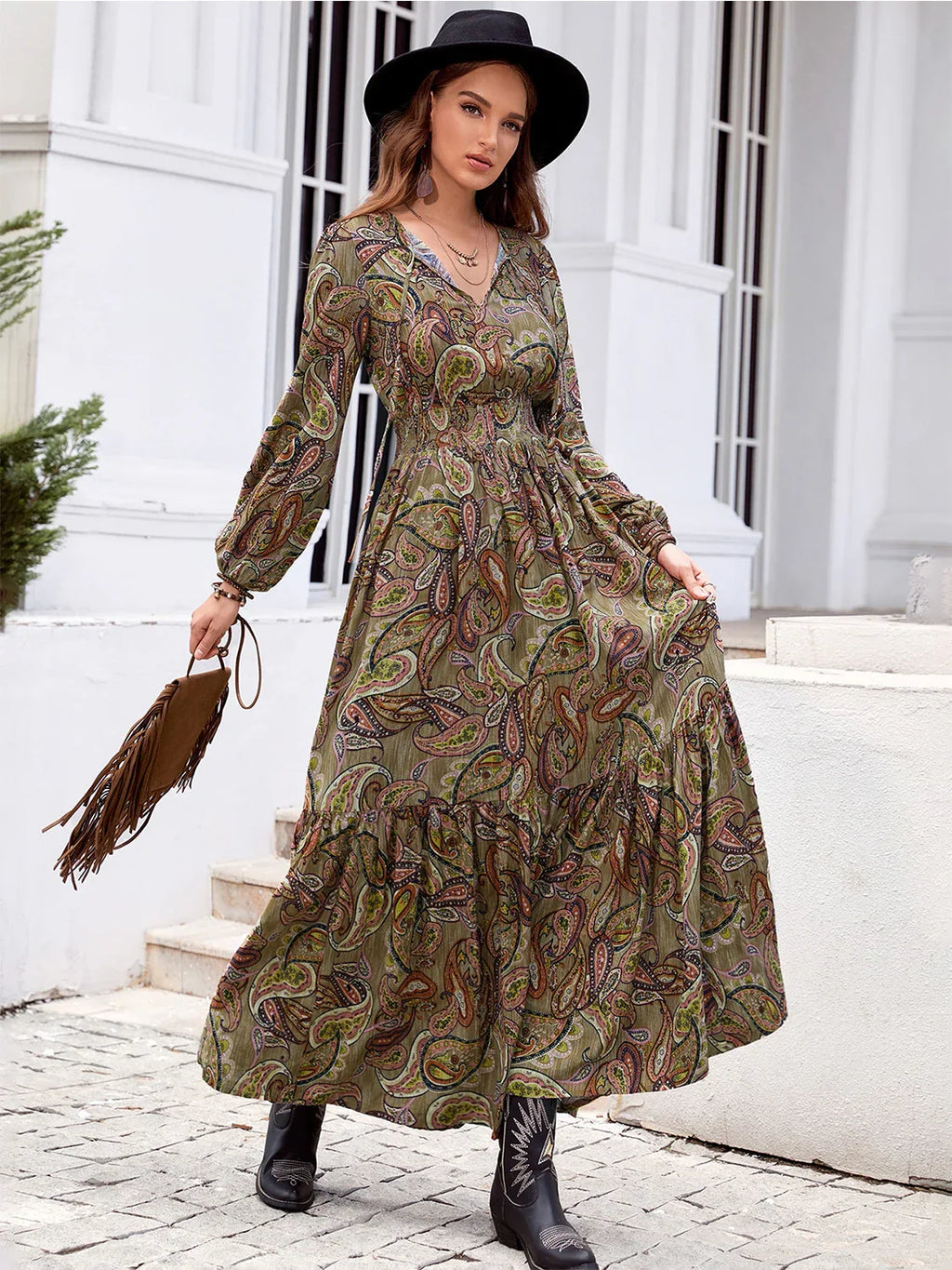 Printed Tie Neck Ruffle Hem Long Sleeve Dress Bazaare Mart Printed Tie Neck Ruffle Hem Long Sleeve Dress