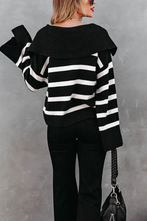 B&W Striped V-Neck Long Sleeve Sweater Bazaare Mart Striped Johnny Collar Long Sleeve Sweater
