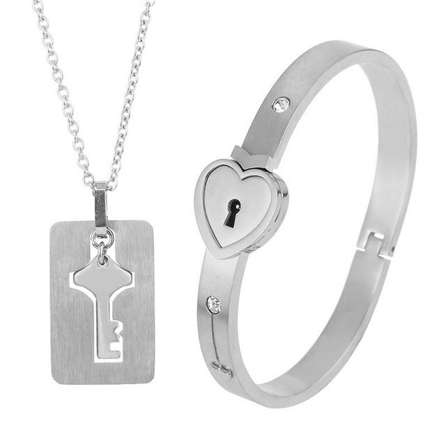 Couple's Silver Love Lock Bracelet & Key Necklace Set