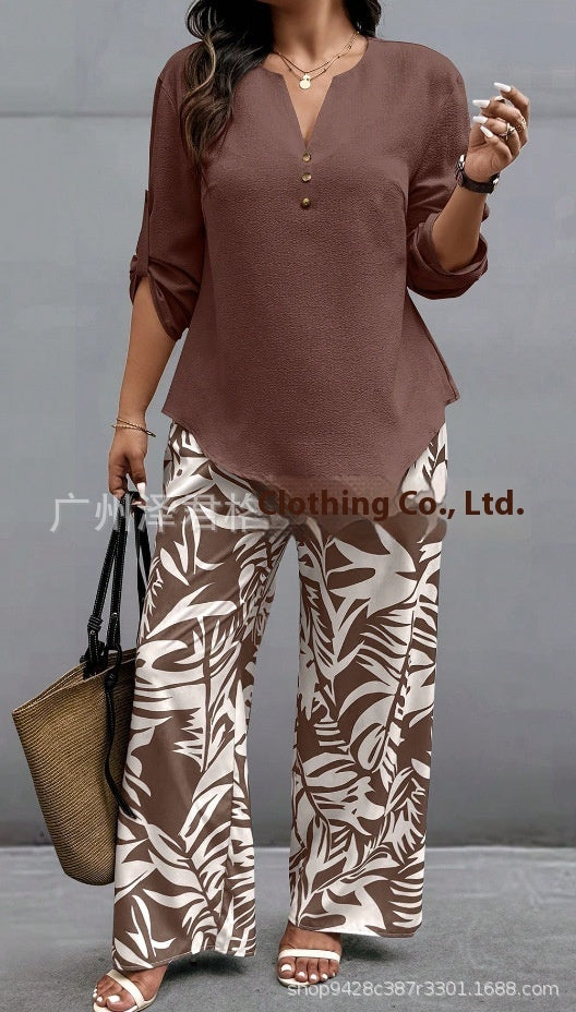Ladies V-neck Shirt with Tropical Printed Pants 9 Style CJ Dropshipping Tropical Pants Set