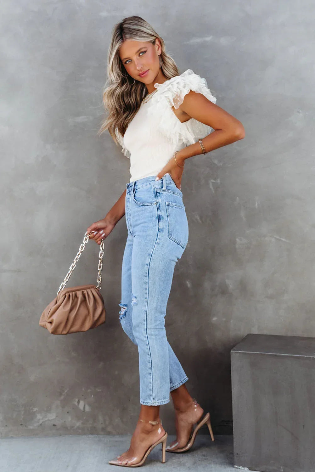 White Dotty Mesh Ruffle Sleeve Ribbed Knit Top Dear-Lover Dropshipping Tops/Tops & Tees