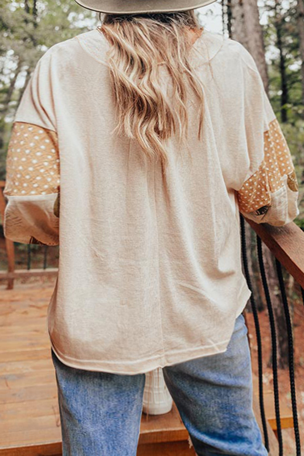 Puff Sleeve Patchwork V Neck Loose Blouse