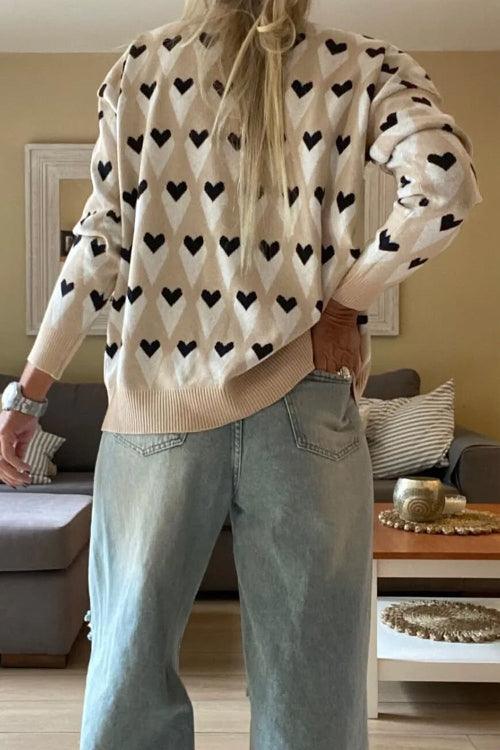Beige Geo Diamond and Heart Pullover Sweater Bazaare Mart Sweaters & Cardigans/Sweaters