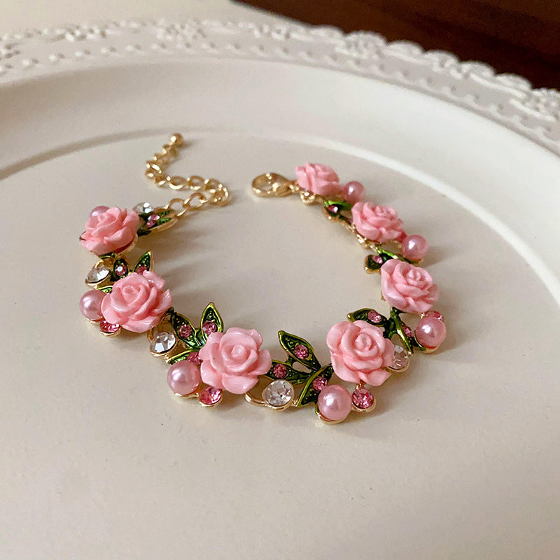 Pearl and Rhinestone-embedded Rose Necklace