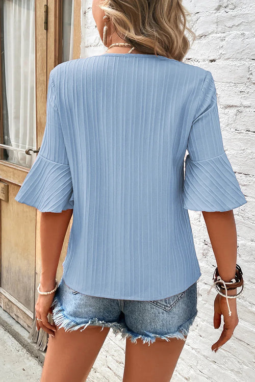 Beau Blue Ruffled Half Sleeve V Neck Textured Top Dear-Lover Dropshipping Tops/Tops & Tees