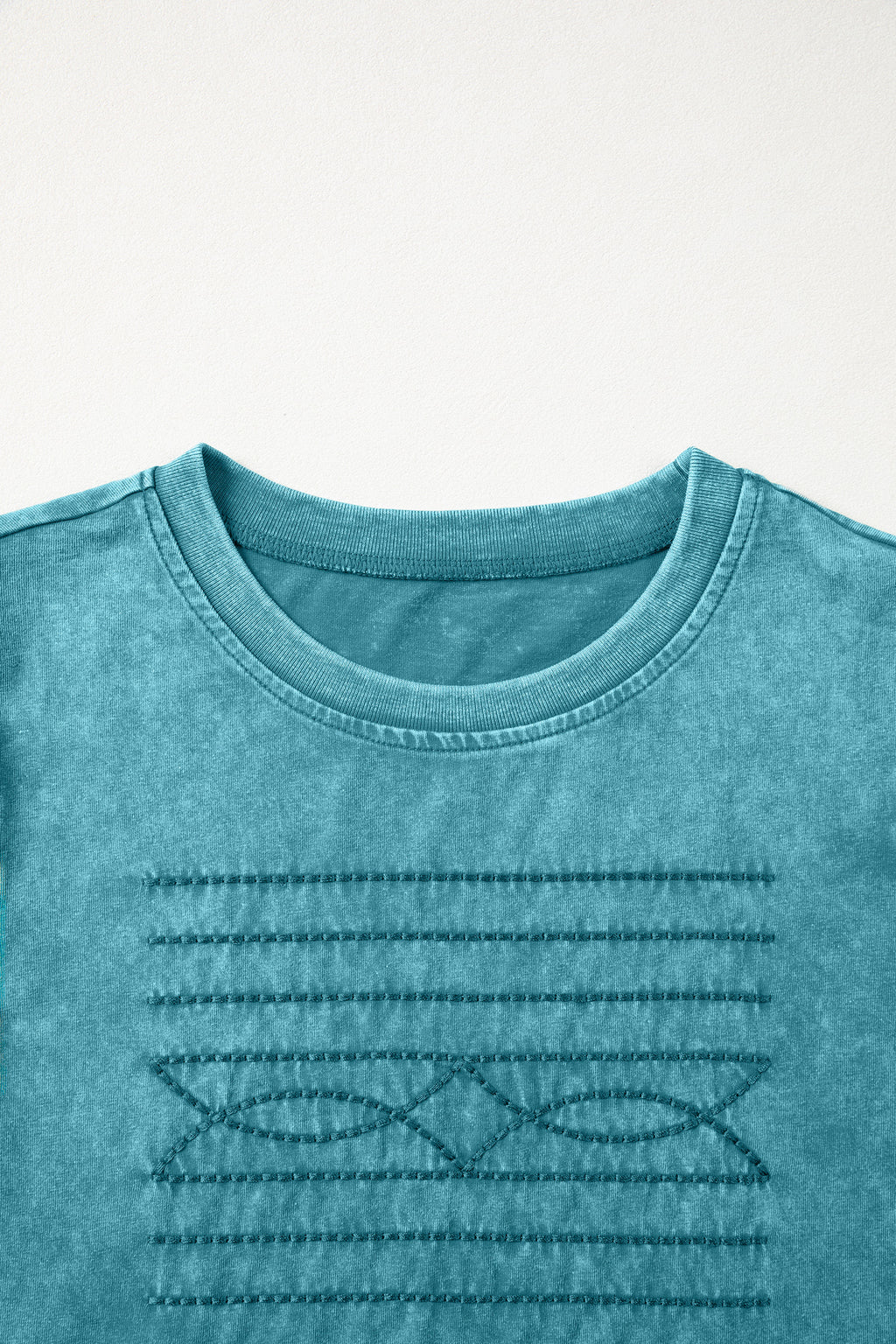 Turquoise Western Embroidered Cotton Tee – Mineral Wash Puff Sleeve Cowboy Top Dear-Lover Dropshipping Tops/Tops & Tees