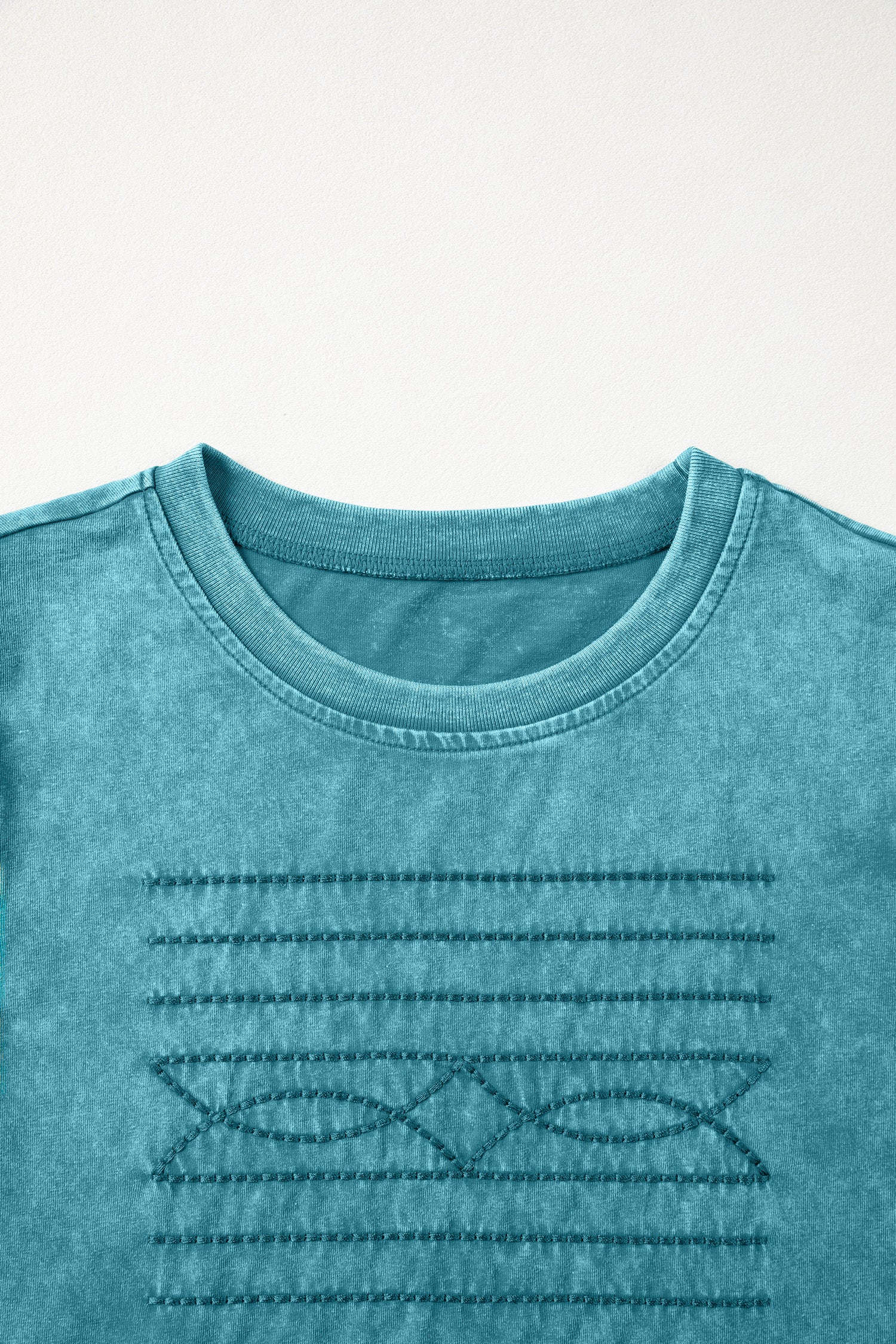 Turquoise Western Embroidered Cotton Tee – Mineral Wash Puff Sleeve Cowboy Top Dear-Lover Dropshipping Tops/Tops & Tees