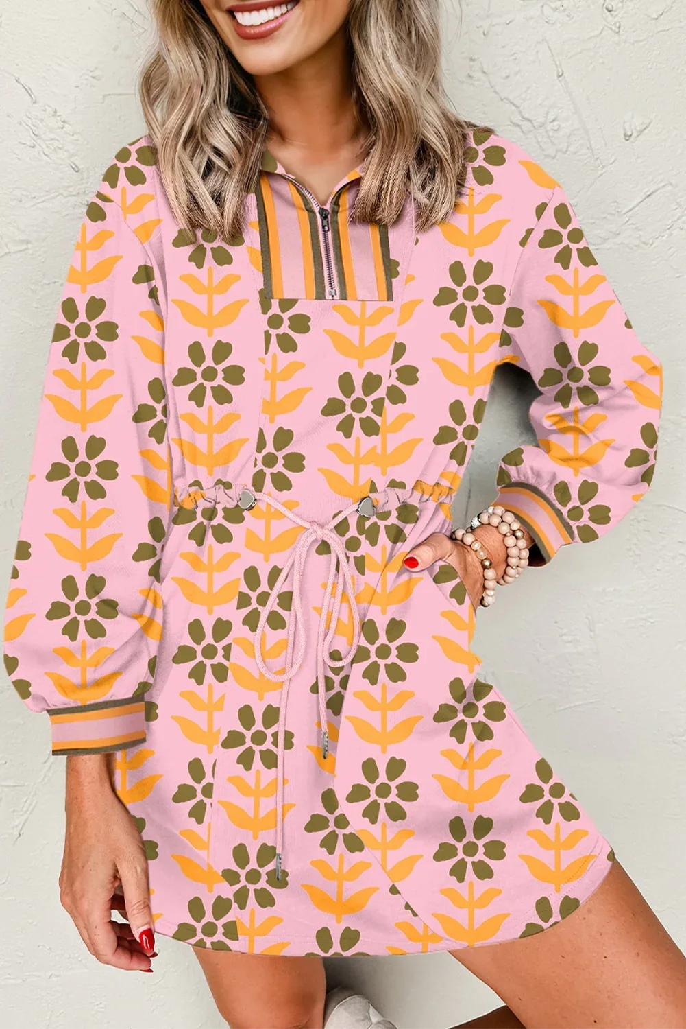 Pink Floral Long Sleeve Dress Pink 95%Polyester+5%Elastane Bazaare Mart Dresses/Floral Dresses