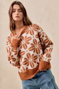 BiBi Flower Pattern Long Sleeve Sweater RUST IVORY Trendsi BiBi Flower Pattern Long Sleeve Sweater