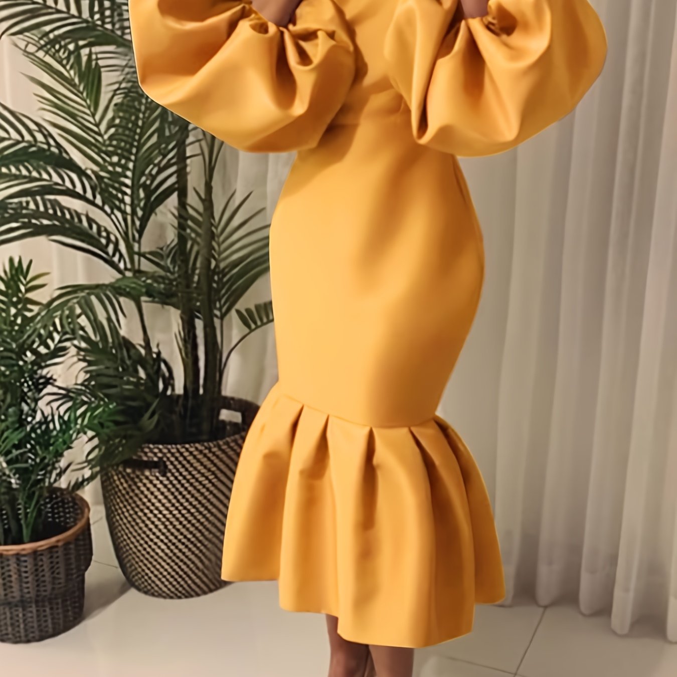 Cowl Neck Balloon Sleeve Mermaid Dress