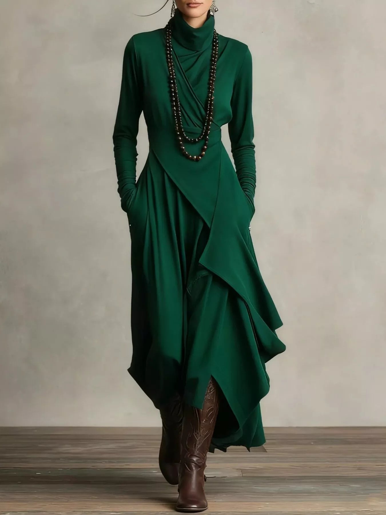 Full Size Turtleneck Asymmetrical Hem Maxi Dress Plus Size Green Bazaare Mart Turtleneck Asymmetrical Hem Maxi Dress