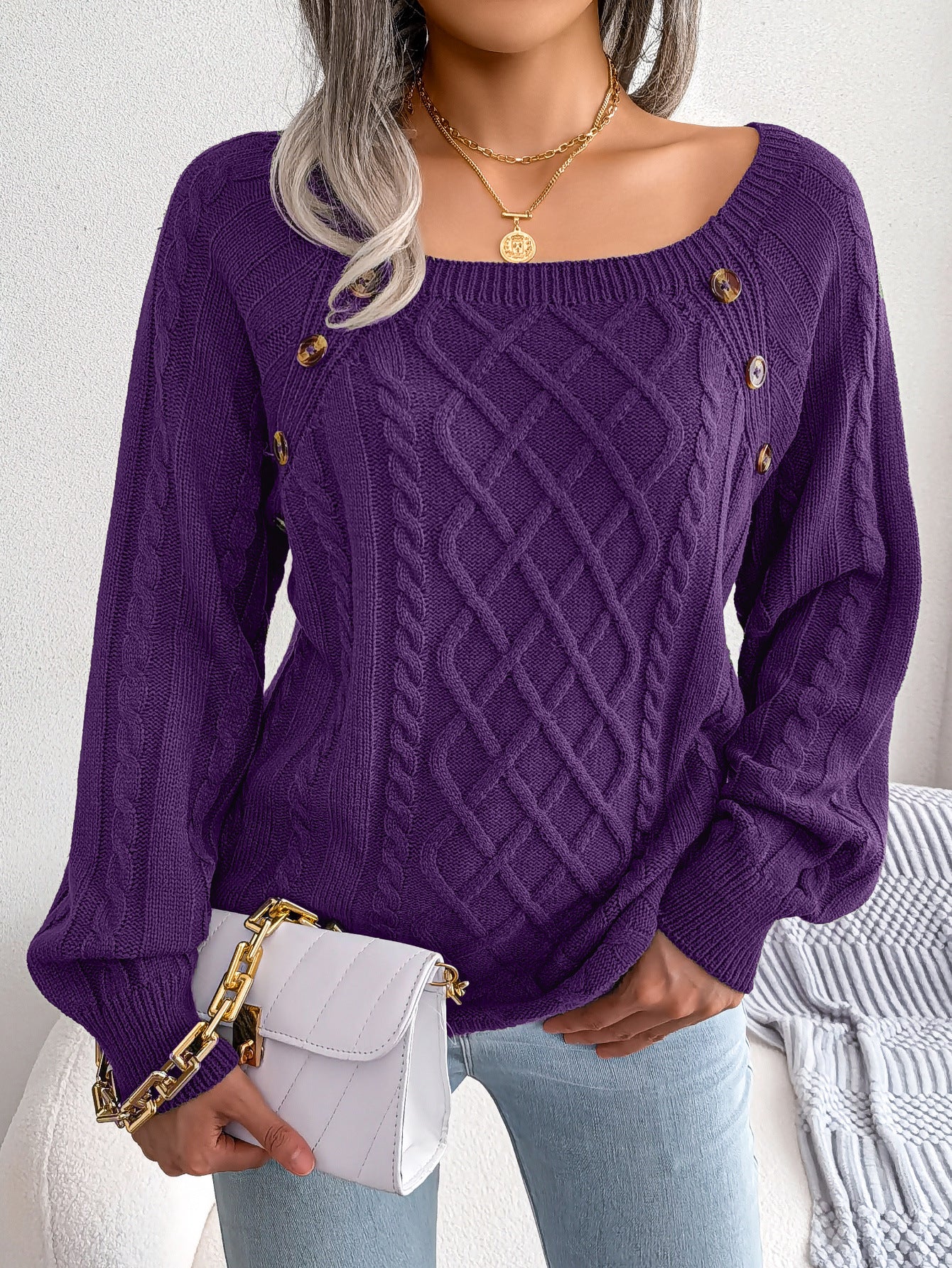 Boat Neck Button Embellished Twist Knit Sweater