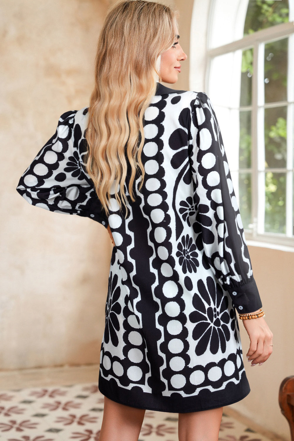B&W Mixed Print V Neck Puff Sleeve Mini Dress