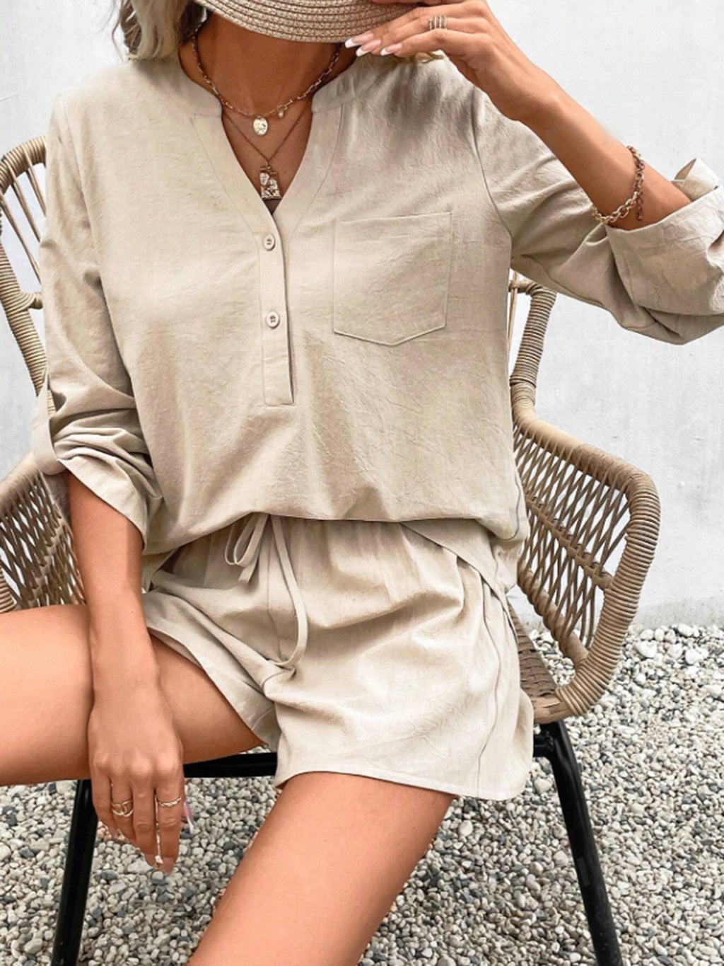 Rolled Long Sleeve Top and Drawstring Shorts Set