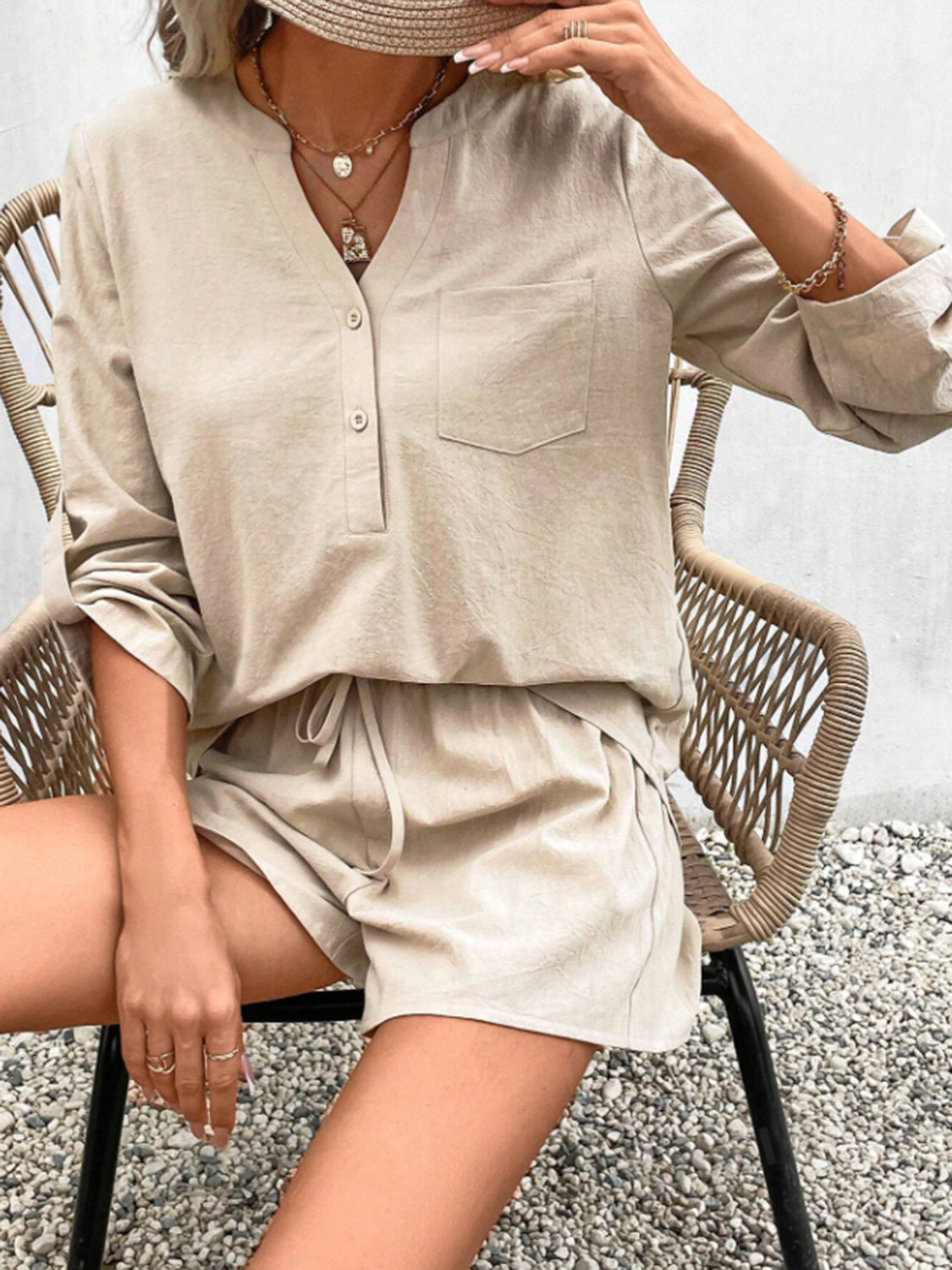 Rolled Long Sleeve Top and Drawstring Shorts Set