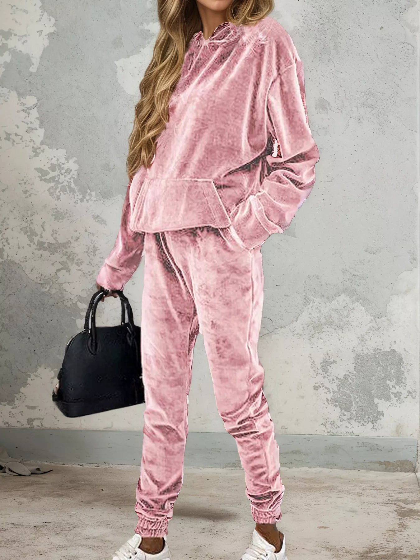 Velvet Long Sleeve Hoodie and Pants Set Pink Bazaare Mart Velvet Long Sleeve Hoodie and Pants Set