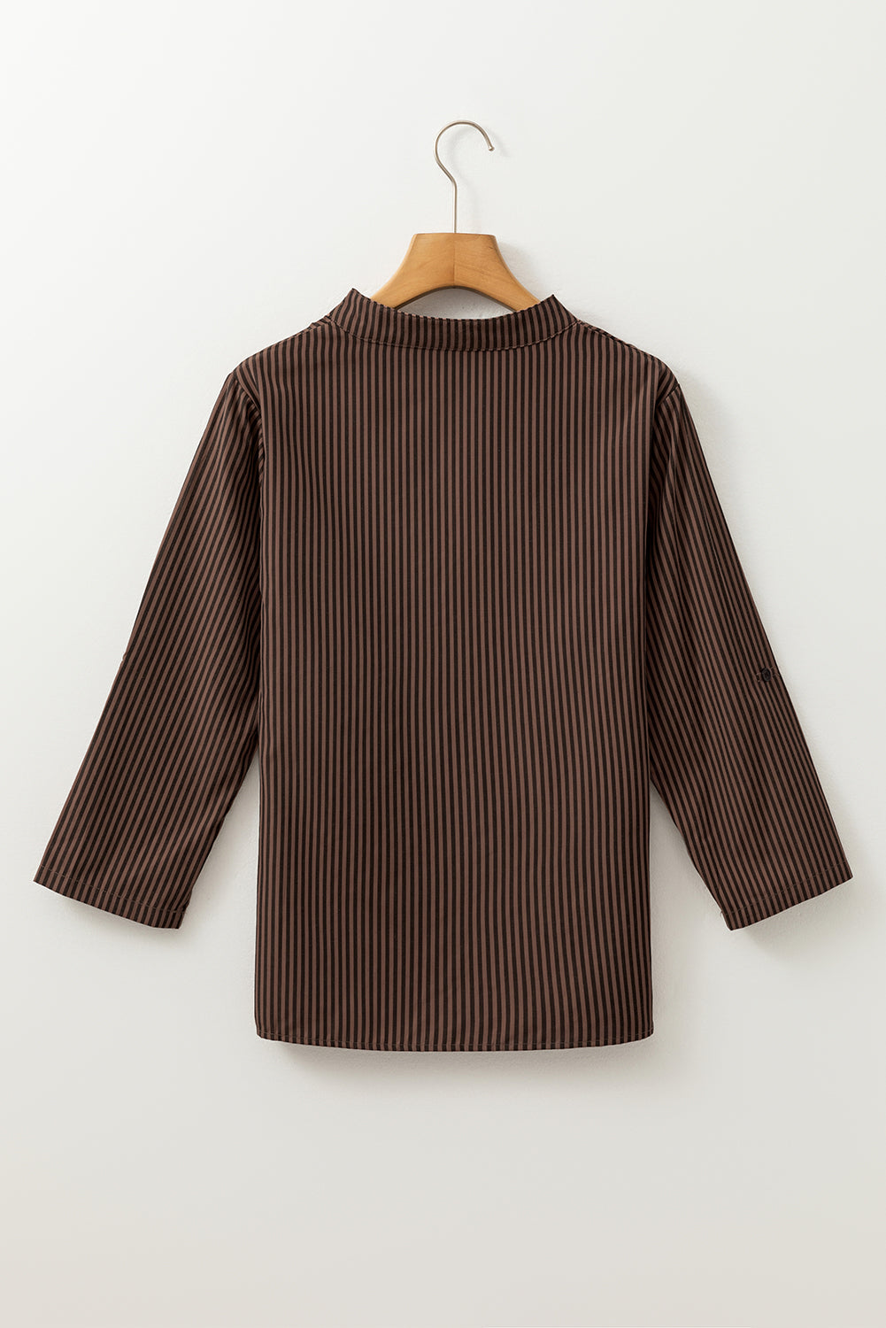 Brown Stripe V Neck Roll Up Sleeve Shirt