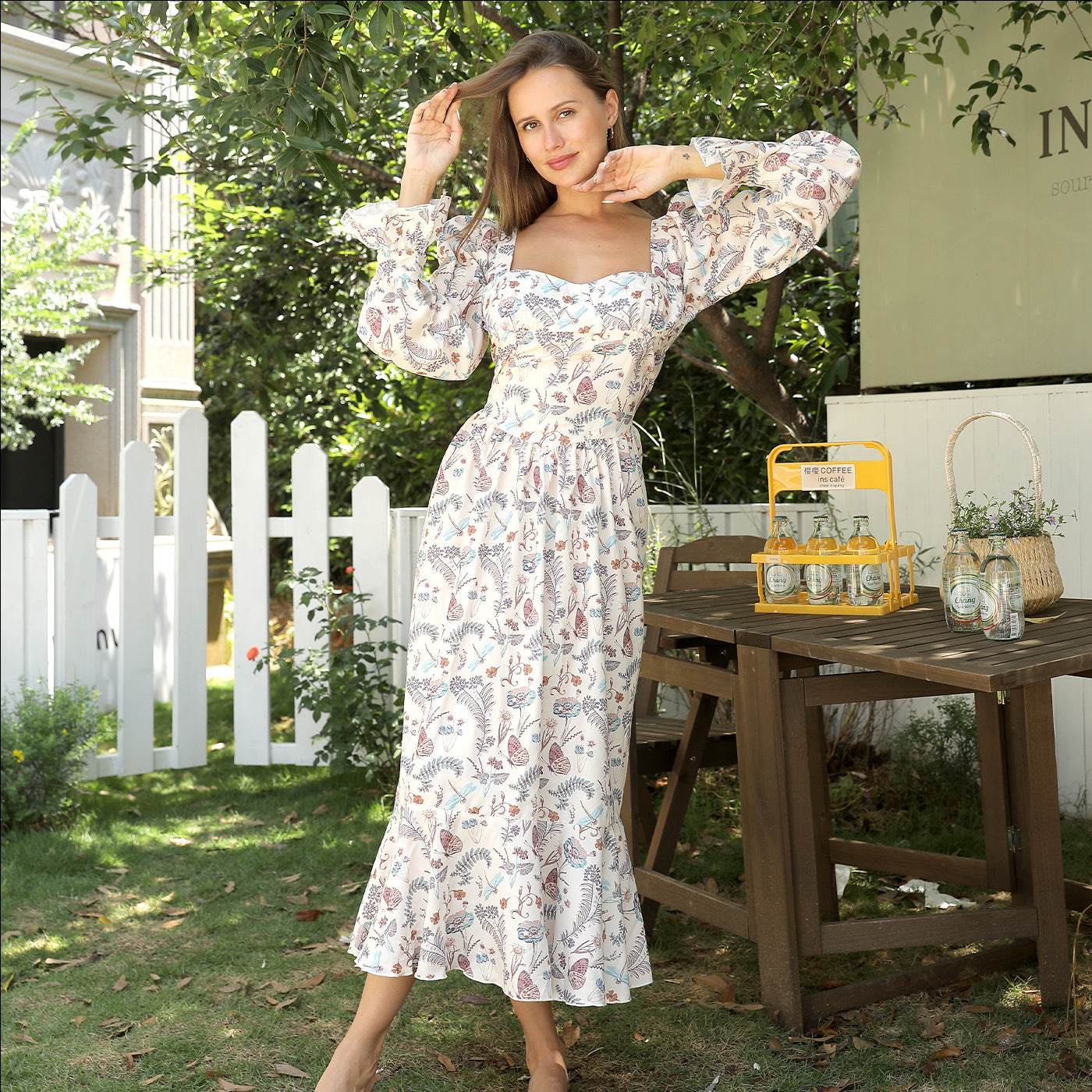 Floral Sweetheart Neck Long Puff Ruffle Sleeve Midi Dress