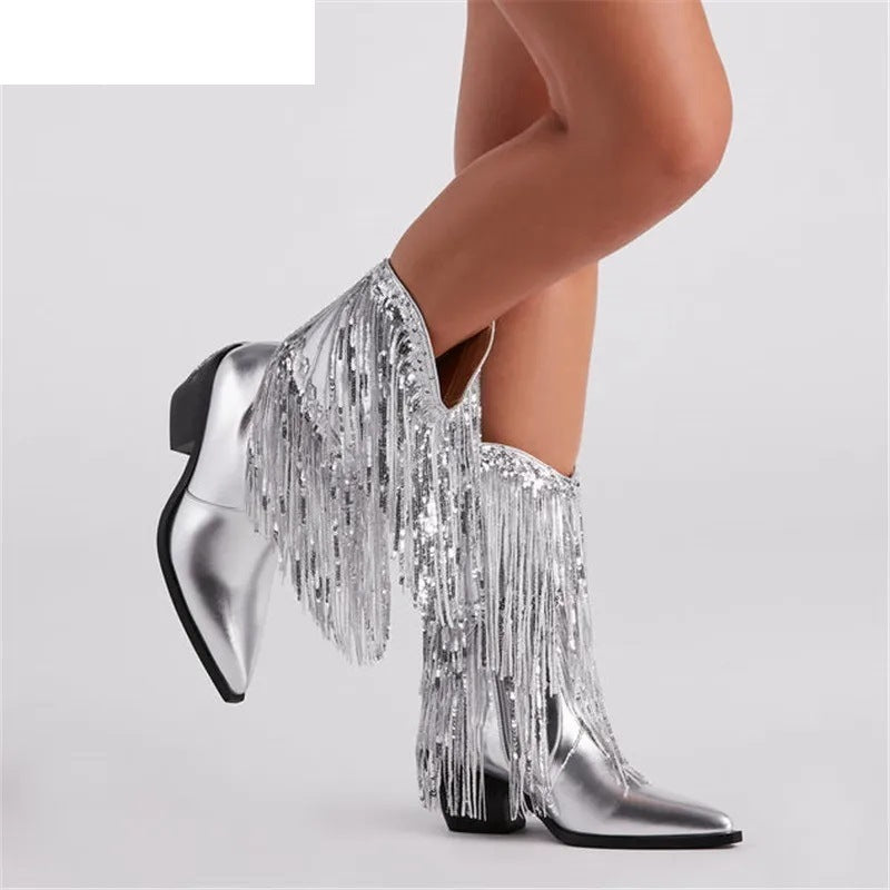 Sparkly Chunky Heel Tassel Boots Women's Shoes