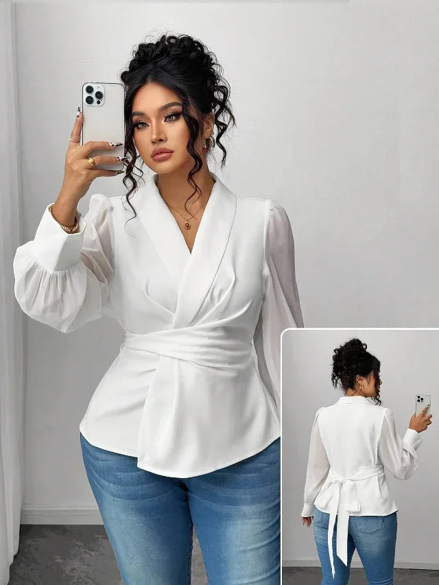 Mesh Semi-Sheer Wrap Button-Front Long Sleeve Blouse Bazaare Mart Mesh Wrap Long Sleeve Blouse