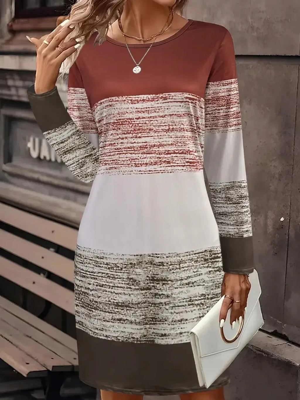 Retro Color Block Round Neck Long Sleeve Knit Dress Brown Trendsi Color Block Round Neck Long Sleeve Dress
