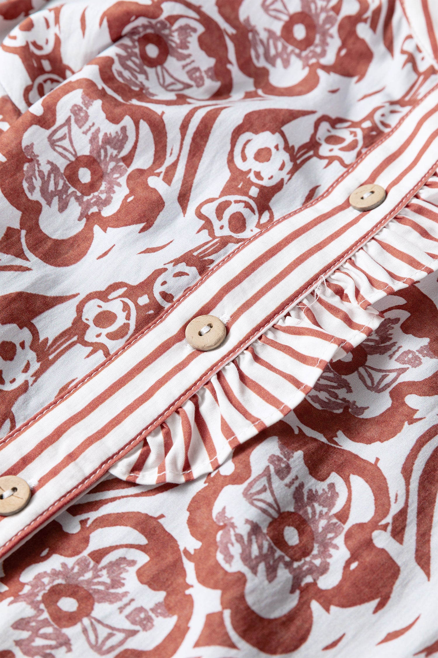 Floral Frilled Stripe Trim Button Long Sleeve Blouse