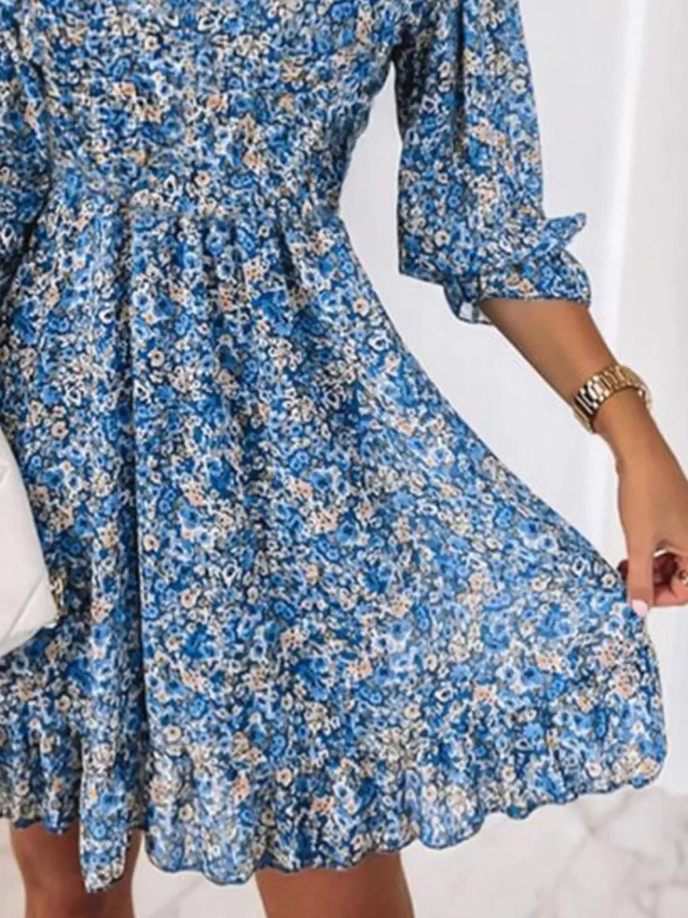 V-Neck Ruffled Hem 3/4 Sleeve Floral Dress Bazaare Mart Ruffled Hem Floral Dress Plus Size
