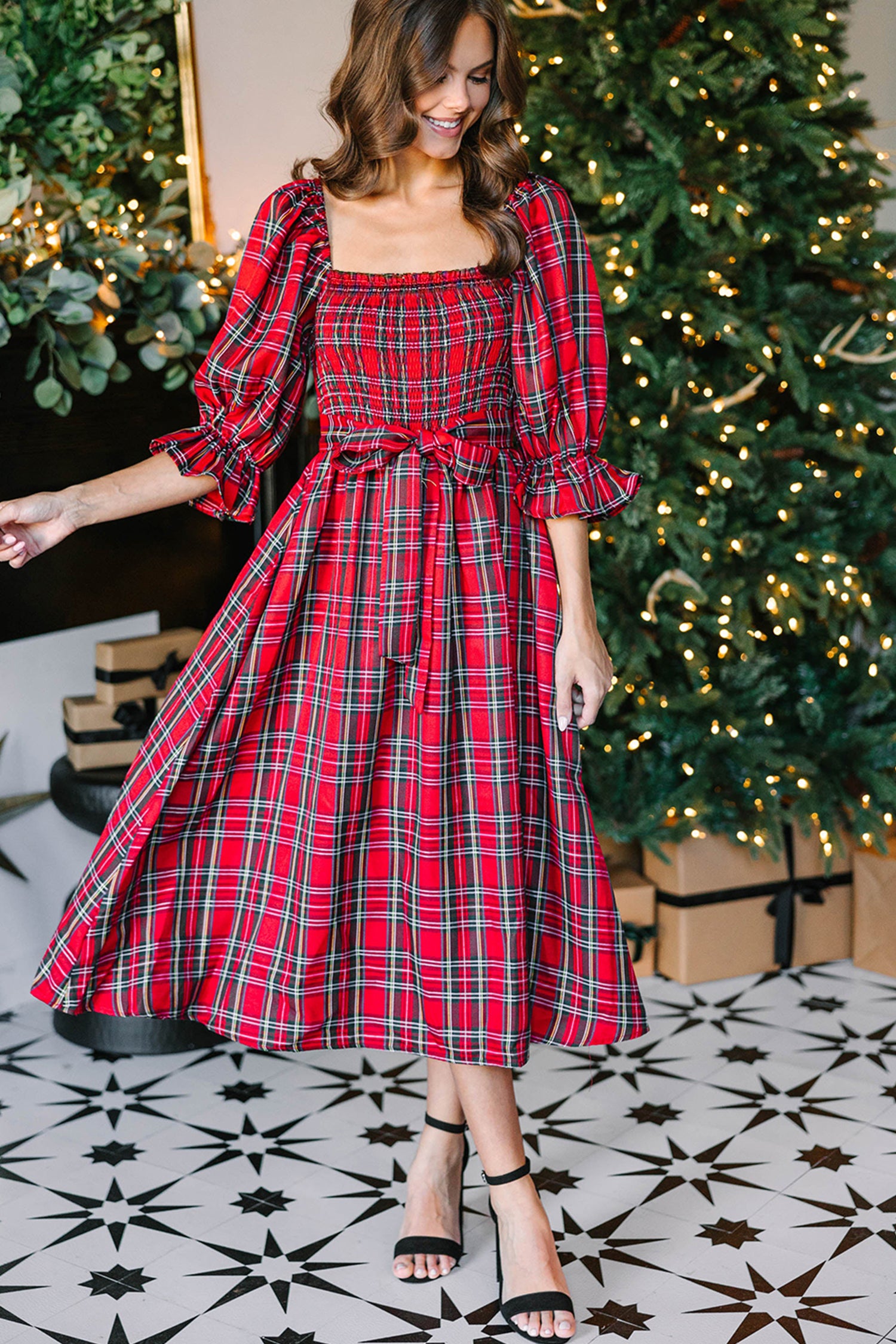 Tartan Plaid Square Neck Puff Sleeve Flared Midi Dress Bazaarre Mart Dresses/Maxi Dresses