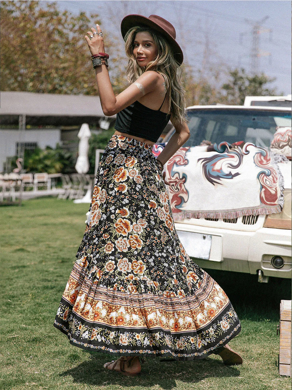 Printed High-Low Ruffle Hem Skirt Bazaare Mart Printed High-Low Ruffle Hem Skirt