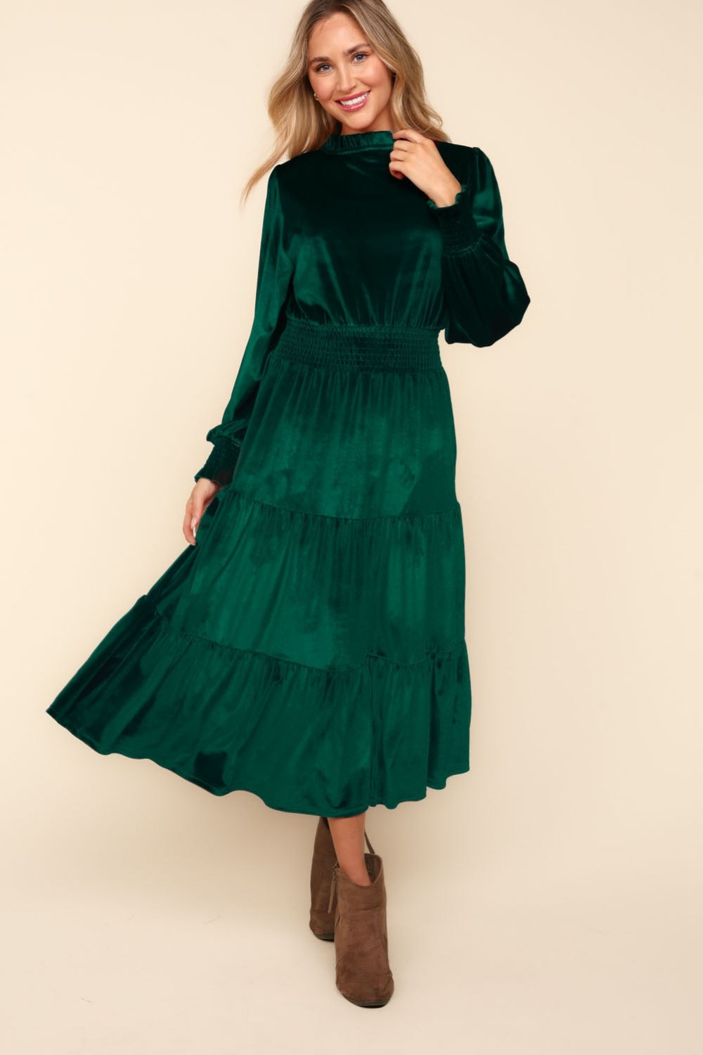 Mock Neck Smocked Waist Green Velvet Tiered Dress